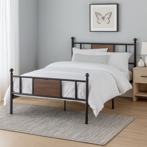سرير معدني بإطار حديدي أسود مع لمسات خشبية 190*120