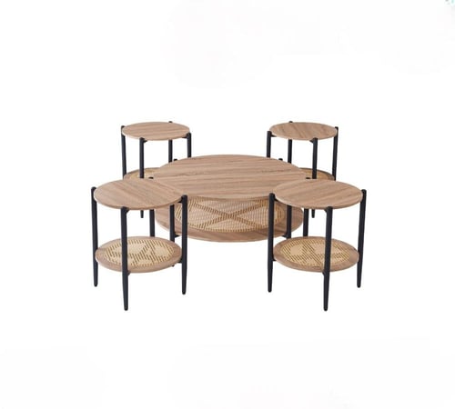 طقم طاولات خدمة وضيافة دائري خشب و راتان مكون من 5...