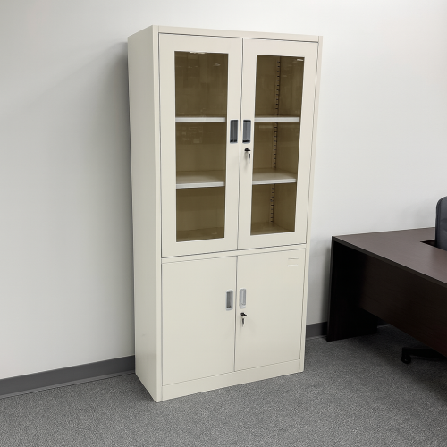 خزانة مكتبية معدنية بأبواب زجاجية مع أقفال لون بيج