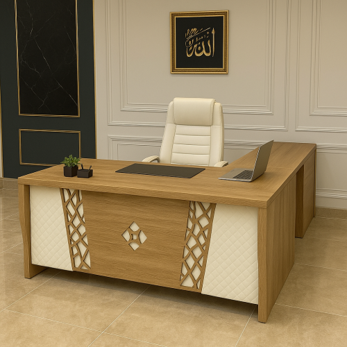 مكتب إداري بتصميم حرف (L) مع وحدات تخزين لون خشبي-...