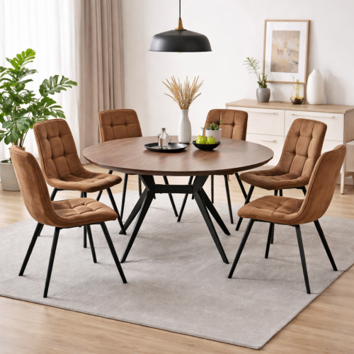 طاولة طعام دائرية مع 6 كراسي تصميم مودرن-لون كوفي