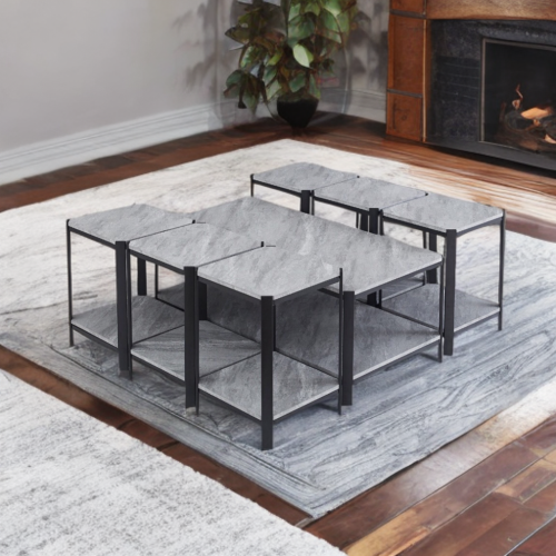 طقم طاولات تقديم و ضيافة خشب 7 قطع لون رمادي