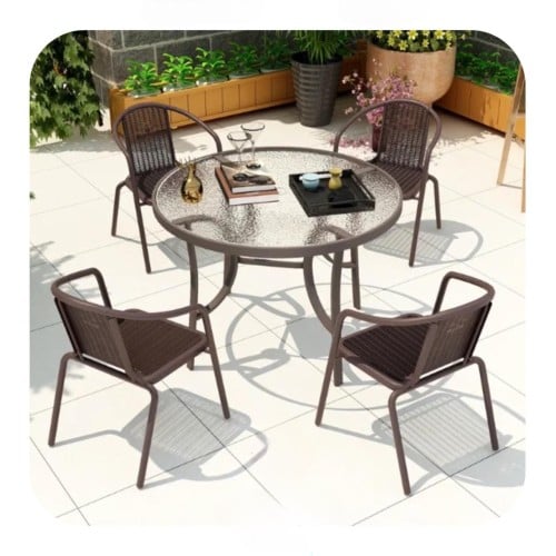 جلسة خارجية مكونة من طاولة دائري و 4 كراسي لون بني