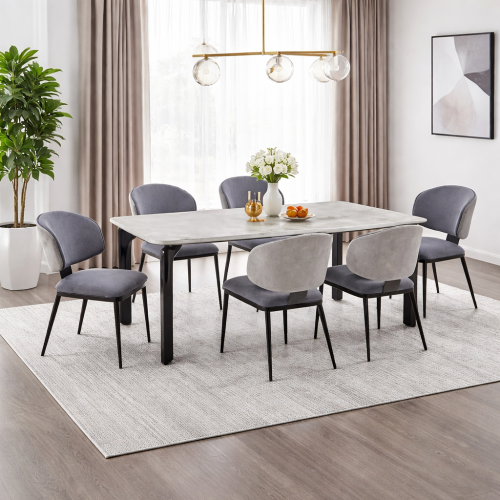 طقم طاولة طعام رخام فاخر مع 6 كراسي قماش-أبيض ورما...