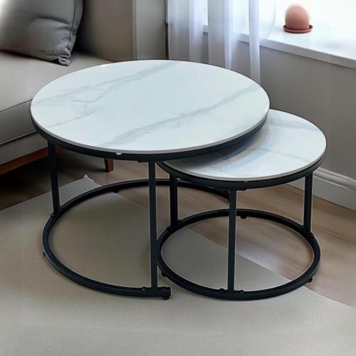 طقم طاولات قهوة دائرية متداخلة سطح سيراميك أبيض رم...