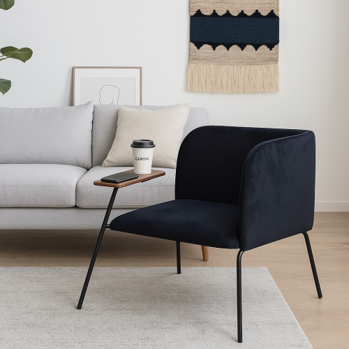 كرسي قماش مخمل ناعم مع طاولة جانبية بسطح خشبي-أسود