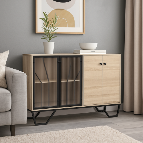 خزانة 140cm مودرن خشبية بزجاج وإطار معدني-عدة الوا...