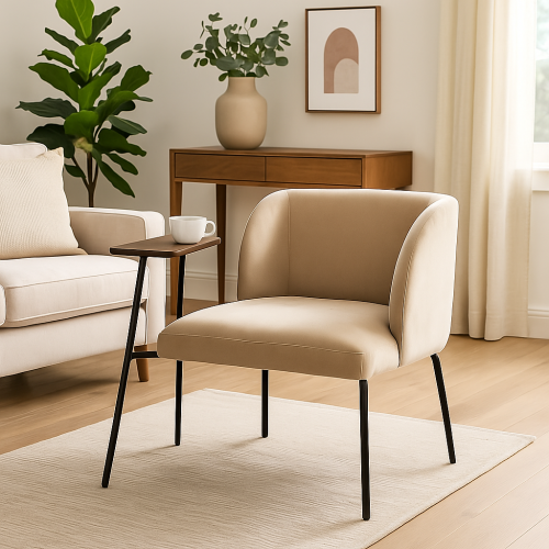 كرسي قماش مخمل ناعم مع طاولة جانبية بسطح خشبي-بيج