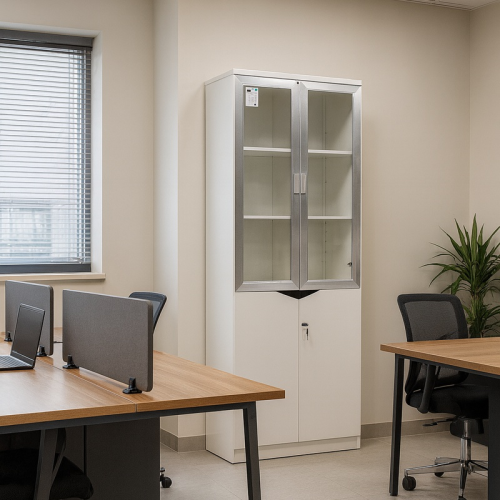 دولاب مكتبي خشب بأبواب زجاجية وأدراج سفلية مغلقة ل...