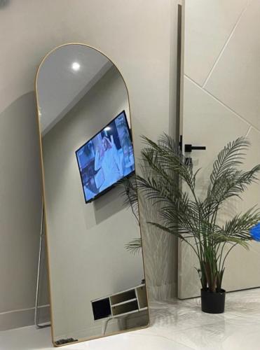 مرايا طوليه ستاند معدني واطار لون ذهبي طولها 177سم