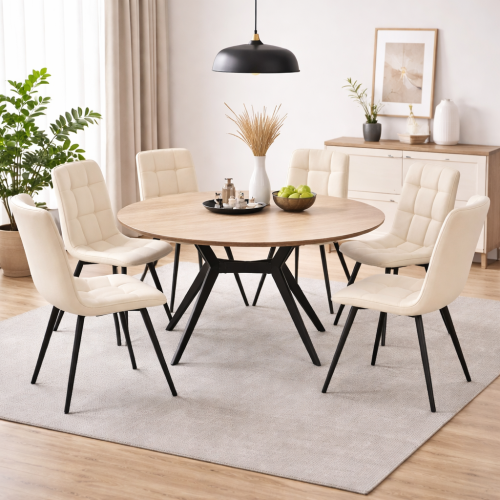 طاولة طعام دائرية مع 6 كراسي تصميم مودرن-لون بيج ف...