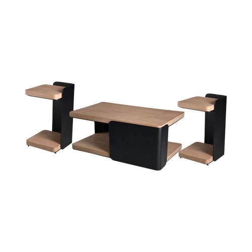 طقم طاولات مودرن من الخشب والمعدن – طاولة وسط مع ط...