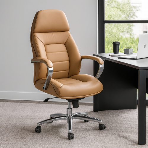 كرسي مكتب جلد دوّار بمسند رأس ومساند معدنية-عدة ال...