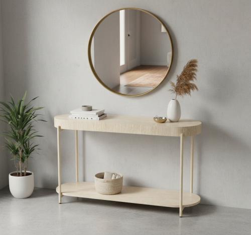 طاولة كونسول خشبية بقاعدة معدنية بتصميم بيضاوي