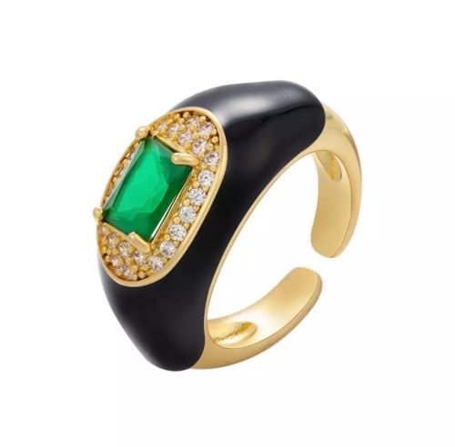 black ring X green crystal -خاتم اسود فص زركون اخض...
