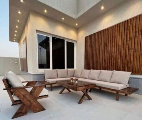 جلسة خشب حرف L ستة متر +طاولة+١ كرسي مفرد