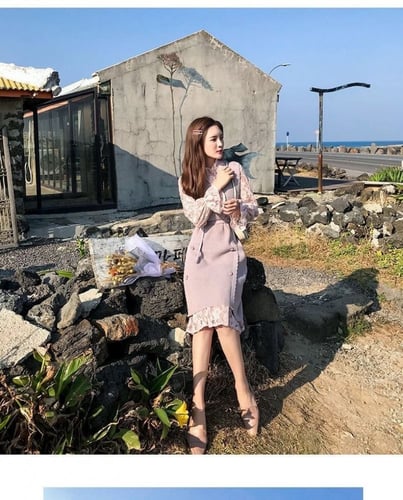 فستان قطعتين دانتيل +صوف لون بيج