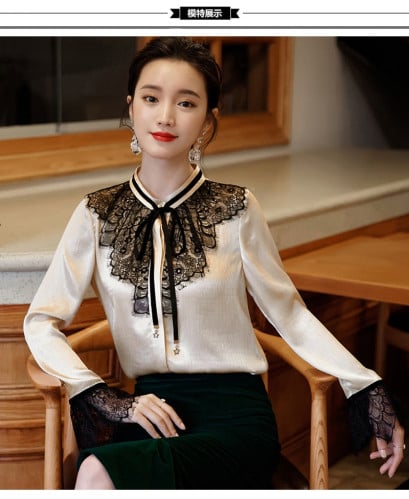 بلوزة حرير بيج باكمام دانتيل اسود blouse7