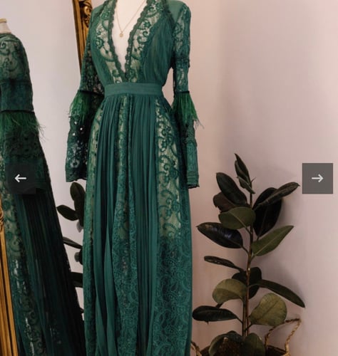 فستان اخضر شيفون اطراف الاكمام مزينة بريش النعام