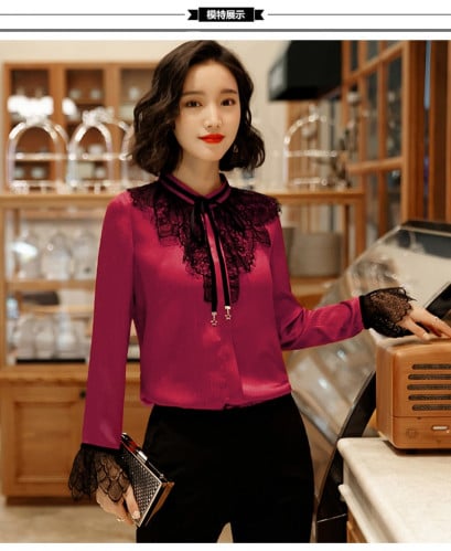 بلوزة حرير احمر باكمام دانتيل اسود blouse 8