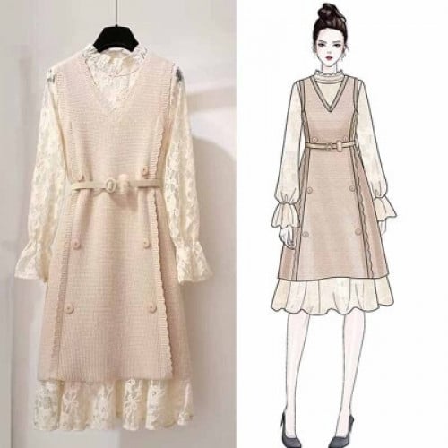 فستان قطعتين دانتيل +صوف لون بيج