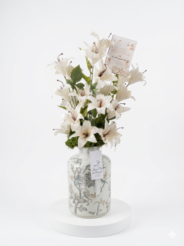 اناقة الخزف والزنبق | فازة ورد صناعي