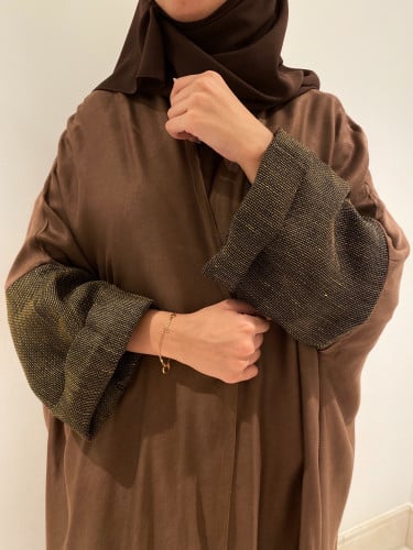 عبايه قطن ايطالي بني مع كم لينن بني