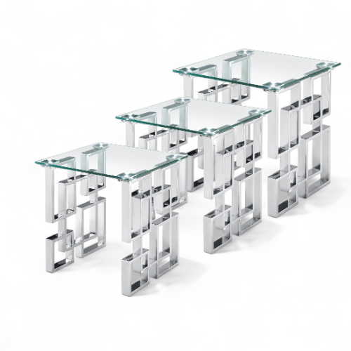 طقم طاولات خدمه فضي استيل 3 قطع متداخله