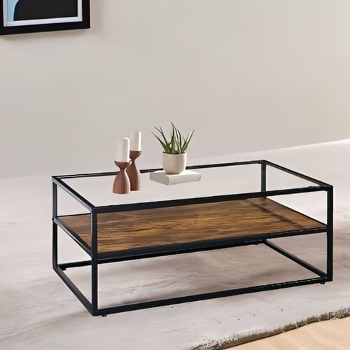 طاوله قهوه وشاي وسط لون بني حديد اسود وسطح زجاج