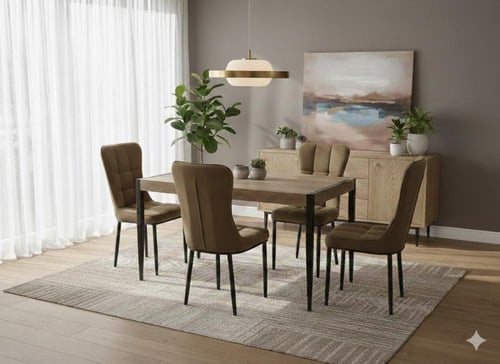 طاوله طعام خشب مودرن 4 كراسي مخمل بيج _ بني _ رماد...