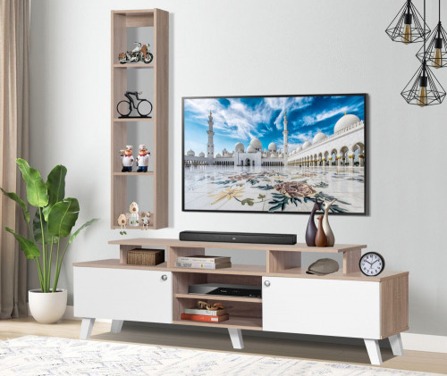 طاولة تلفاز بارفف جداريه ابيض وخشبي