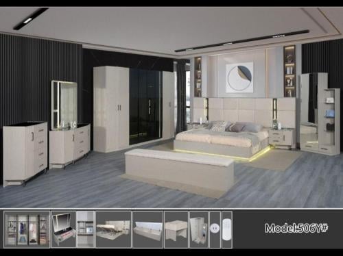 غرفه نوم كامله مودرن كينج 9 قطع دولاب اضاءه شفاف