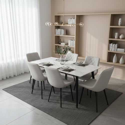 طاوله طعام رخام 6 كراسي رمادي فاتح مع فخامه الجلد