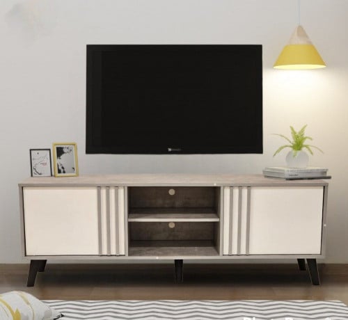 طاوله تلفاز ابيض ورمادي تصميم عصري ومودرن