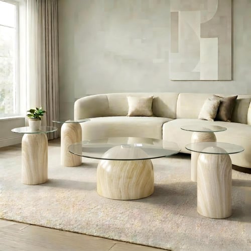 طاولات قهوة زجاج دائري بيج - بني - رمادي