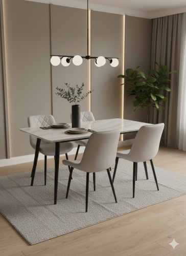 طاوله طعام رخام 4 كراسي رمادي فاتح مع فخامه الجلد