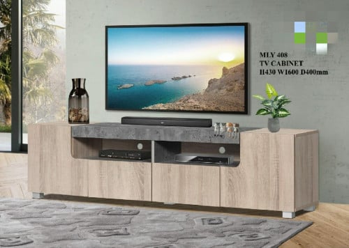 طاولة تلفزيون رمادي وخشبي فاتح