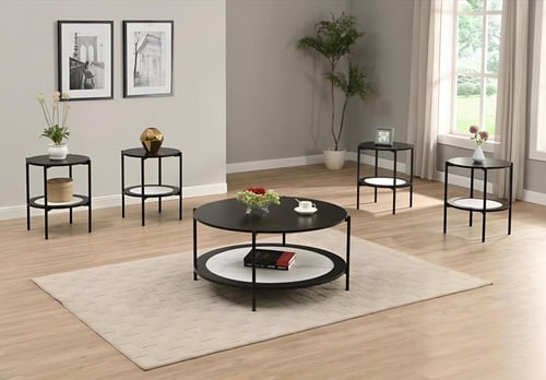 طقم 5 قطع طاولات دائريه اسود ابيض بني خشبي