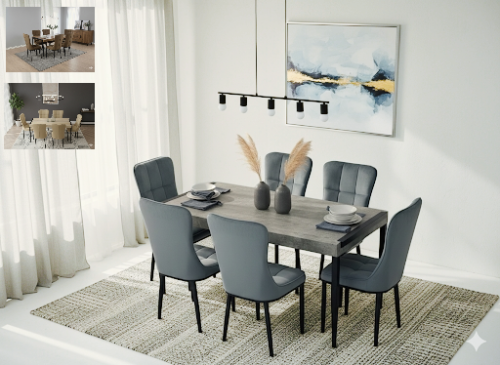 طاوله طعام خشب مودرن 6 كراسي مخمل بيج _ بني _ رماد...