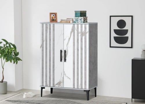 خزانه أحذية درفتين ابيض ورمادي بشكل رخام