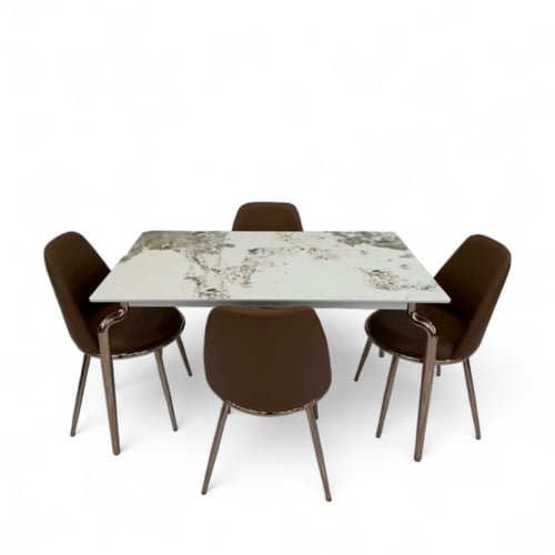 طاولة طعام 4 كراسي رمادي سطح سيراميك استيل فضي