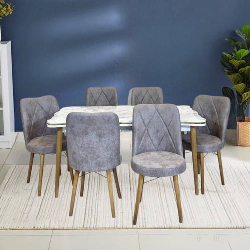 طقم طاولة طعام 6 كراسي سطح خشب بشكل رخامي