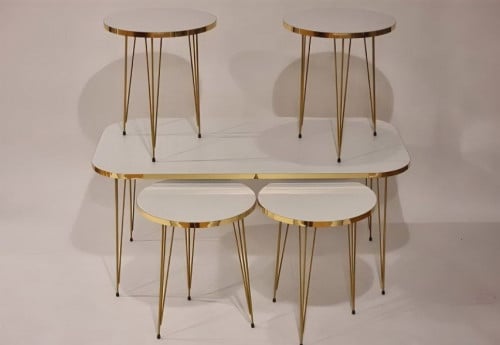 طاولات قهوة وضيافة 5 قطع ابيض وذهبي