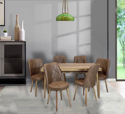 طقم طاولة طعام 6 كراسي سطح خشب بني بحزام استيل ذهب...