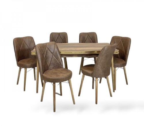 طقم طاولة طعام 6 كراسي سطح خشب بني بحزام استيل ذهب...