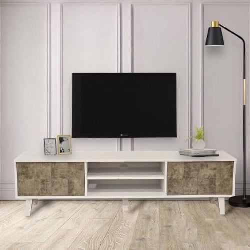 طاوله تلفاز حديثه خشب لون ابيض و رمادي مودرن