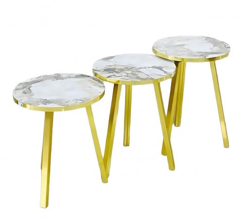 طاولات خدمة 3 قطع شكل رخام ارجل ذهبي