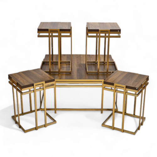 طقم طاولات قهوة خشب وذهبي