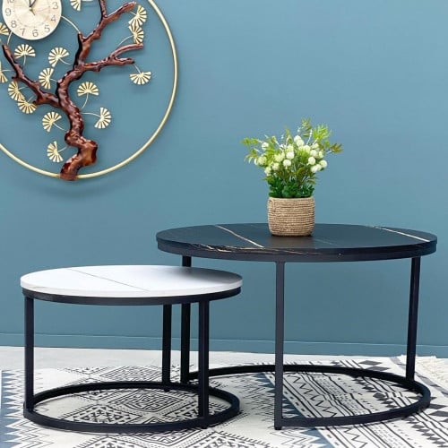 طاولة قهوة دائريه اسود خشب شكل رخام