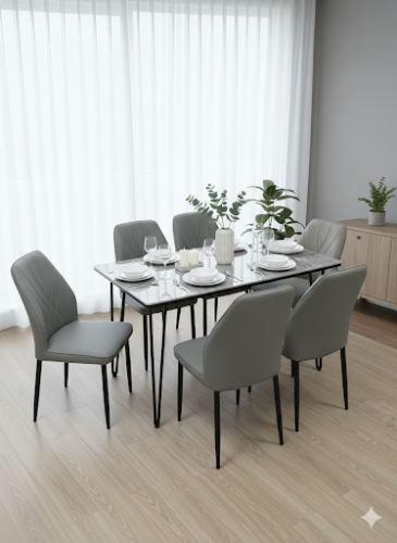 طاوله طعام خشب بديل رخام 6 كراسي جلد رمادي